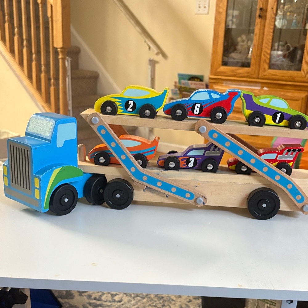 Melissa & Doug Blue Wooden Car Carrier with Colorful Cars